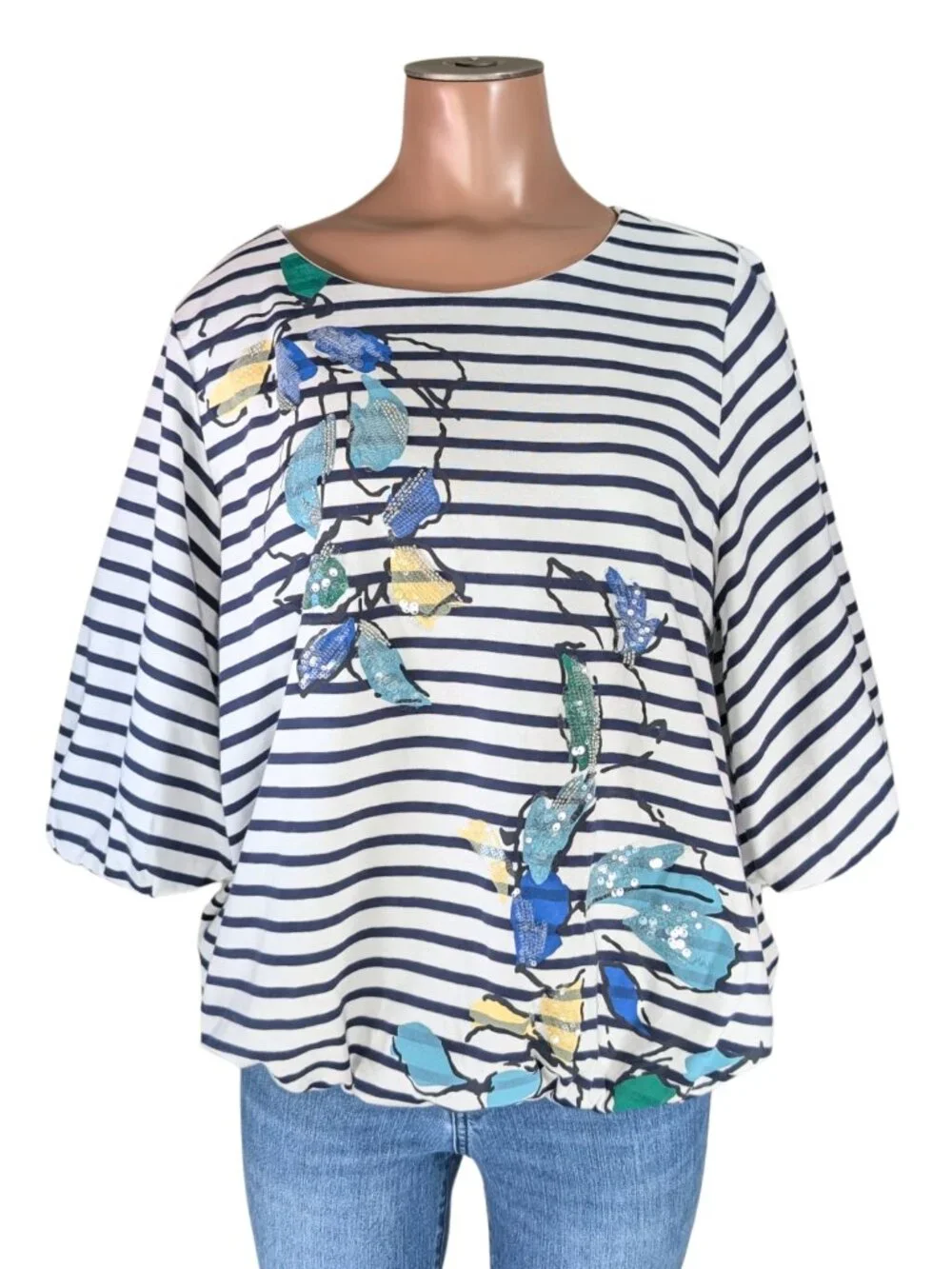 Chico's 2 Large Navy White Stripe Floral Embroidered Lined 3/4 Sleeve Top